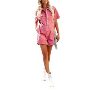 chouyatou Women's Vintage Distressed Short Sleeve Zip Up Denim Jean Utility Jump